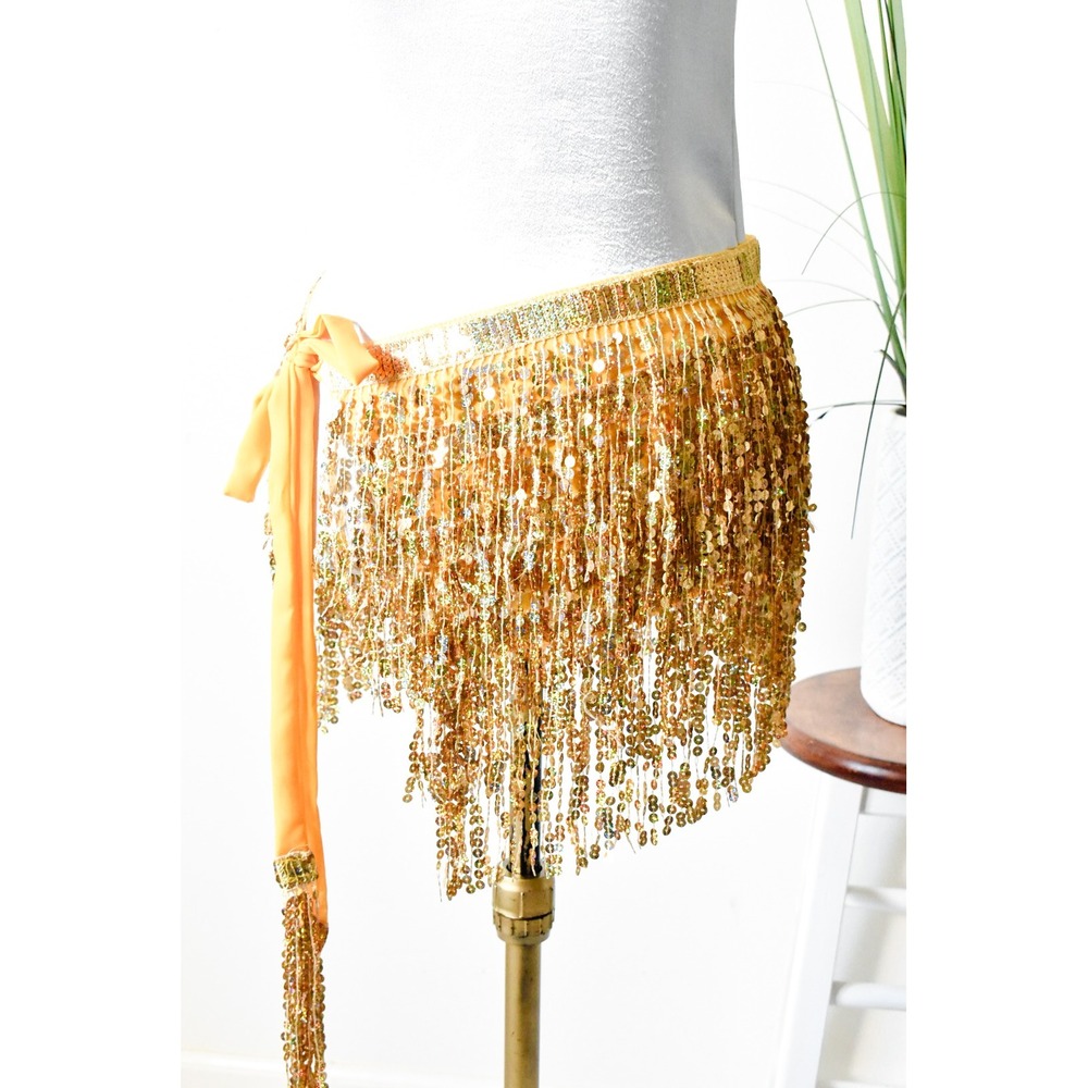 Sequin Hip Scarf Women One Size Gold Yellow Vintage Dance Wrap Skirt